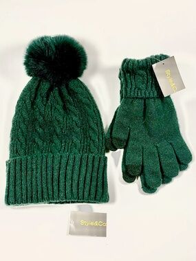 Style & Co Dark Shimmer Cable-knit Forrest Green Pom Pom Beanie Hat Gloves Set